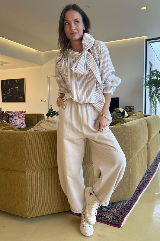 Nantucket Stripe Tie Neck Blouse Stone